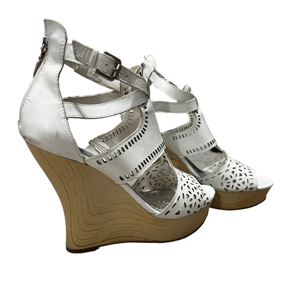 Guess Agenta White Leather Wooden Wedge Heels Sz 6.5 Womens Open Toe Ankle - Picture 6 of 16